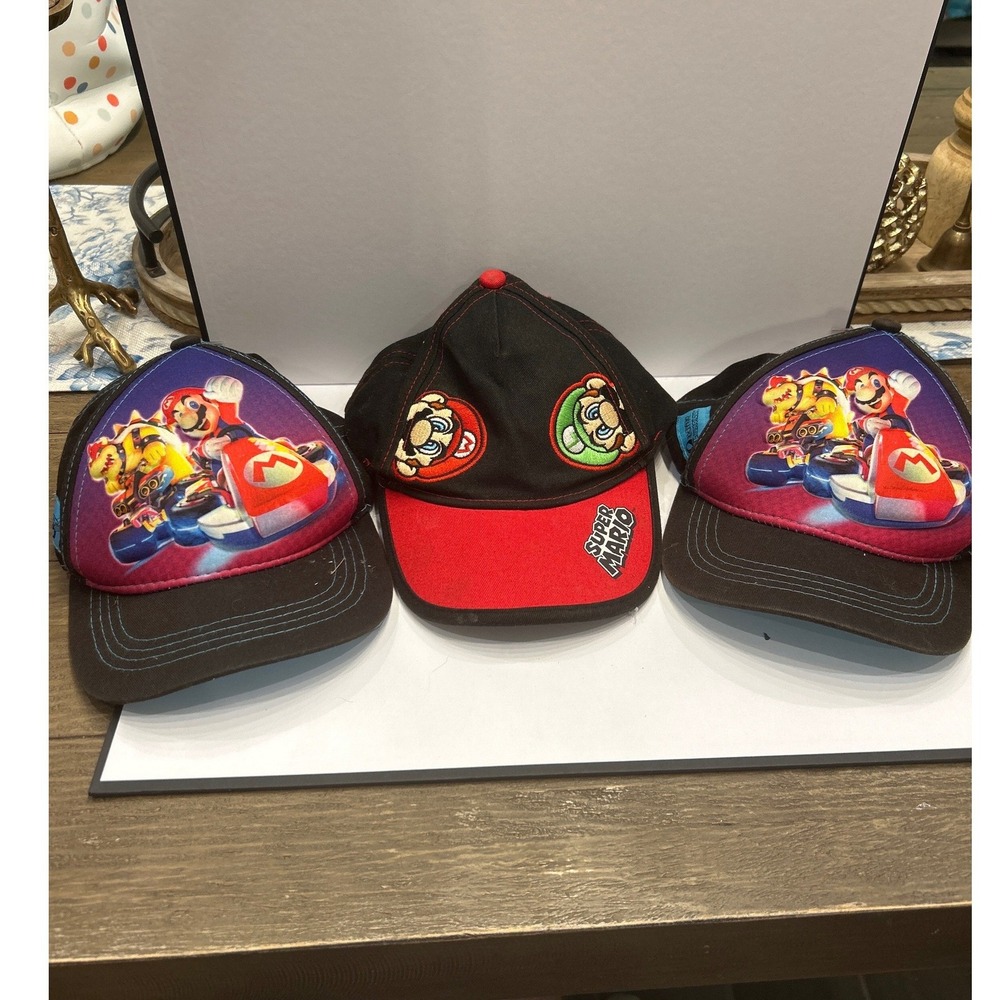 Nintendo Super Mario Bros Hat Bundle Boys Youth OSFM Black Red Mario Kart 3 Pack